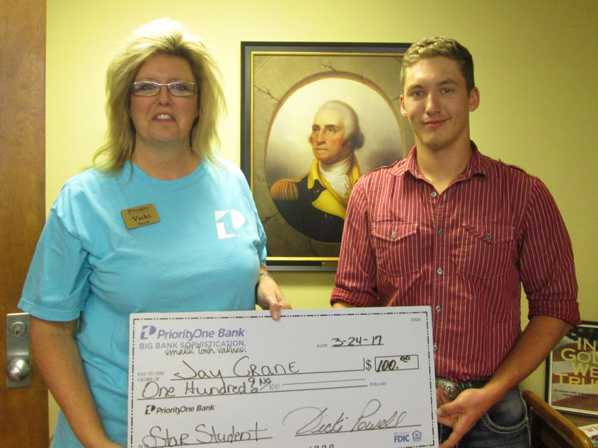 Tech  Student Jay Crane Receives $100 from PriorityOne Bank