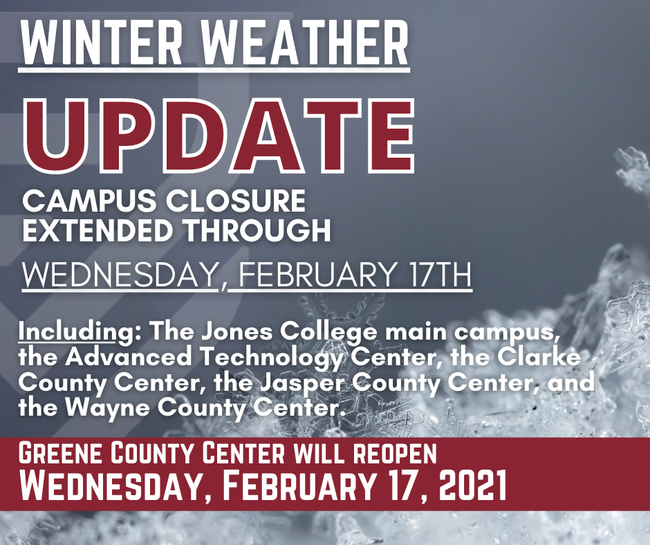 Jones College closes through Wednesday for Winter Weather; except Greene County Center