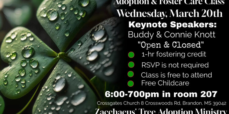 Next Adoption & Foster Care class will be Wednesday, March 20th at Crossgates Church