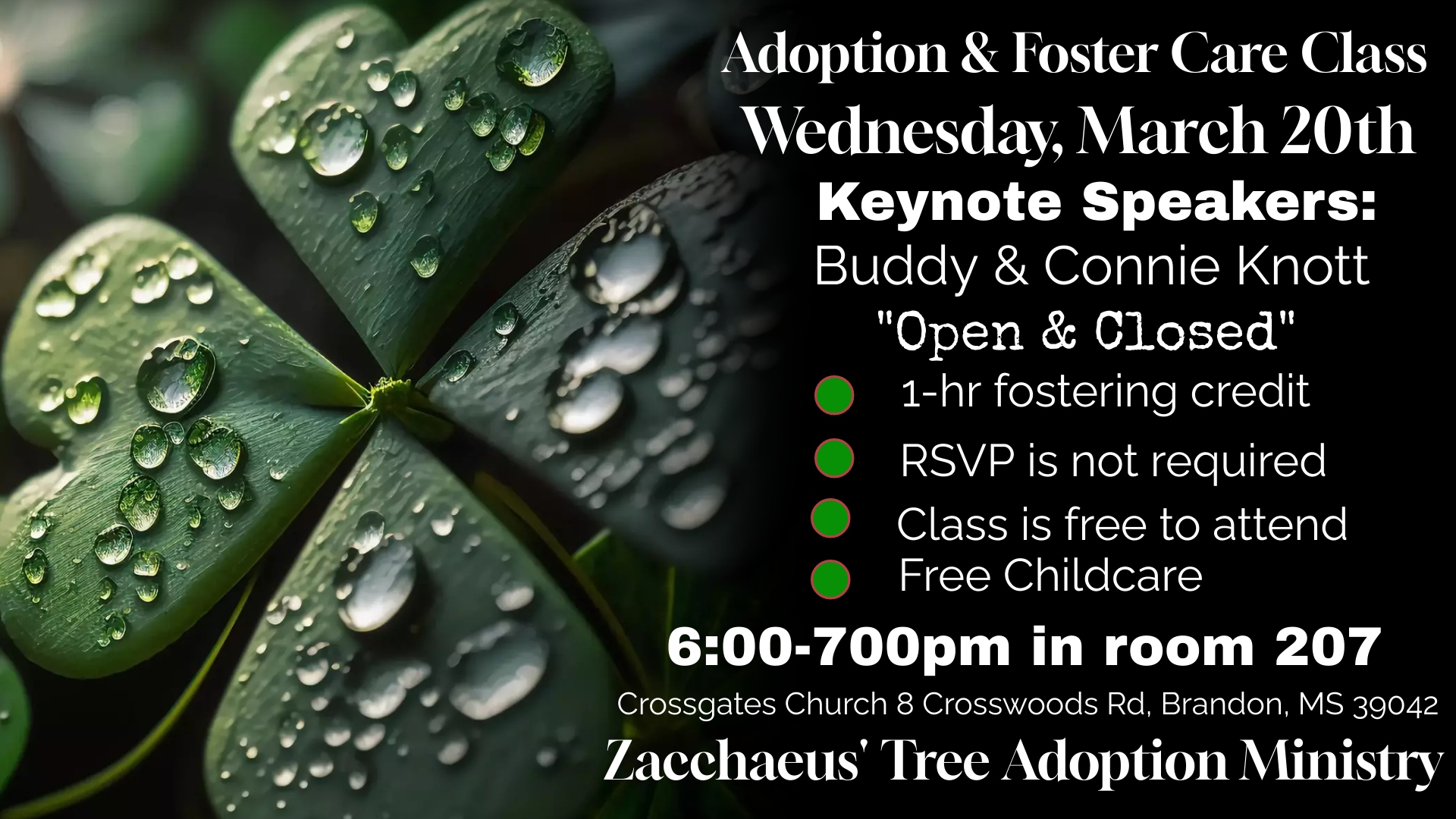 Next Adoption & Foster Care class will be Wednesday, March 20th at Crossgates Church