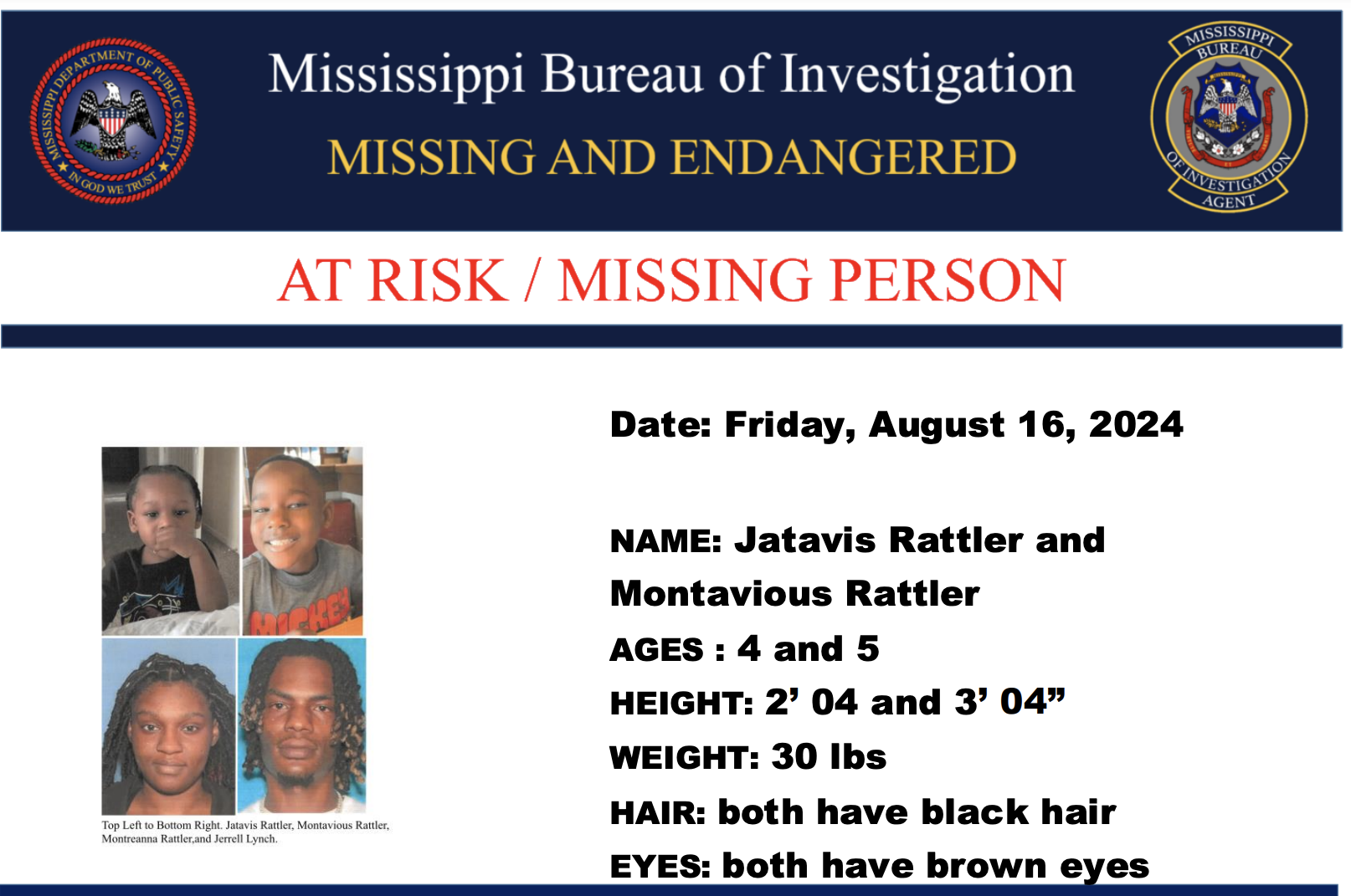 Children Jatavis and Montavious Ratter are listed as At Risk & Missing by MBI—CANCELLED