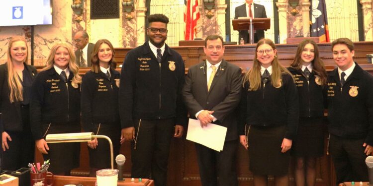 Senator Andy Berry on Wednesday, February 19, 2025, presented a proclamation to state officers of the Future Farmers of America