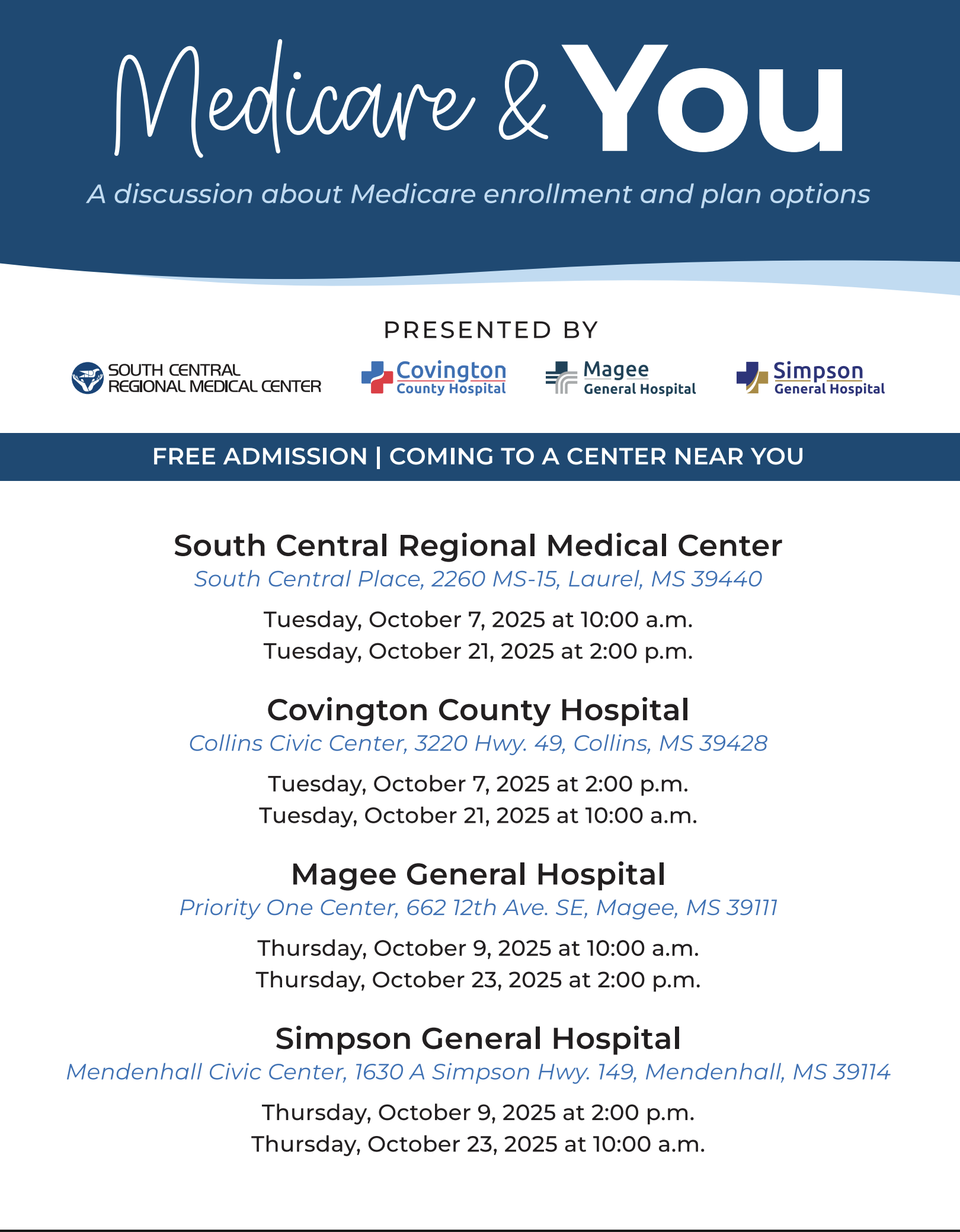 Need more information about Medicare?  Plan to attend one of the discussions