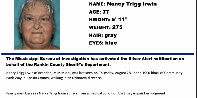 Silver Alert for Nancy Trigg Irwin of Brandon–Nancy Trigg Irwin Silver Alert has been cancelled. She has been located and is safe.