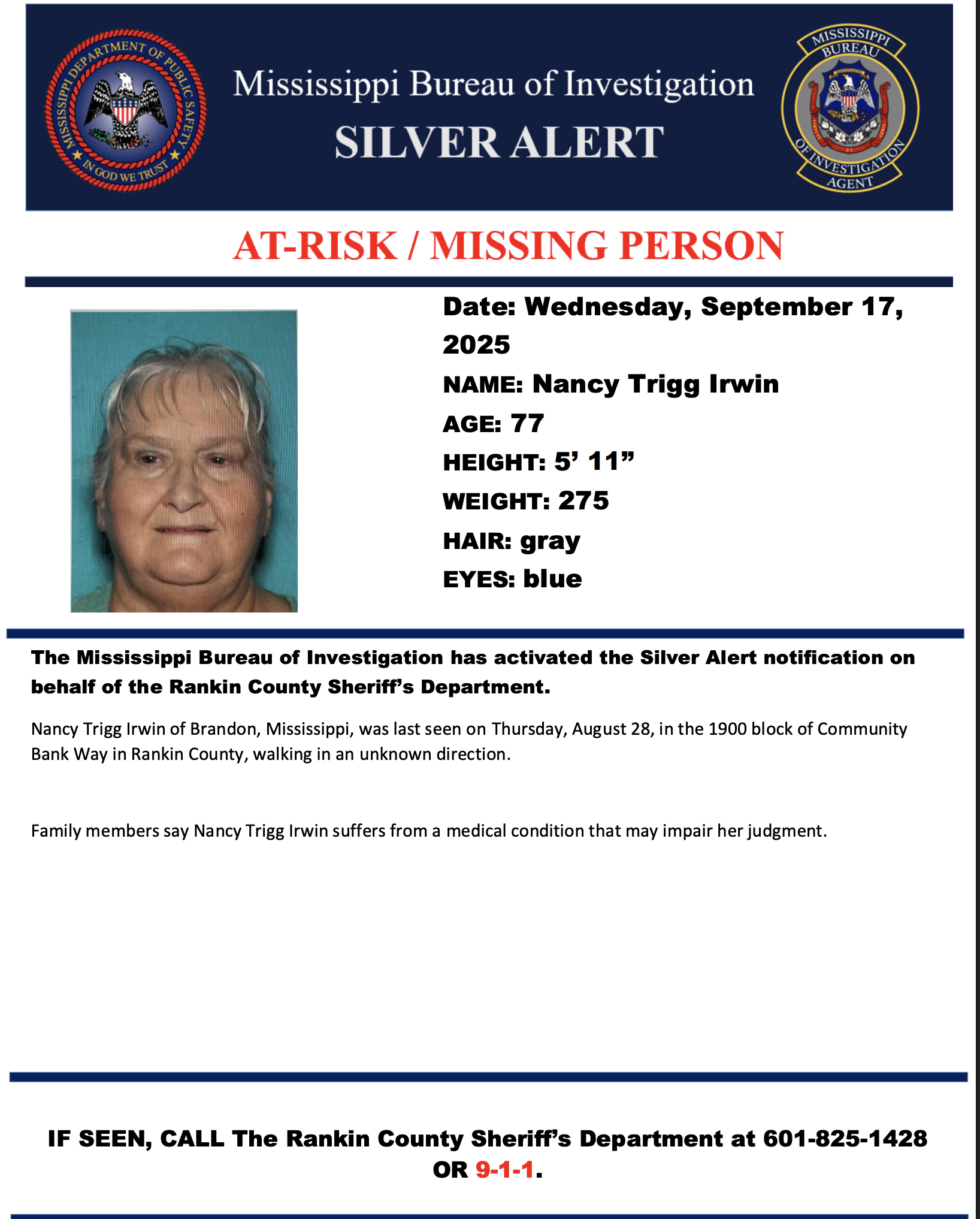Silver Alert for Nancy Trigg Irwin of Brandon–Nancy Trigg Irwin Silver Alert has been cancelled. She has been located and is safe.