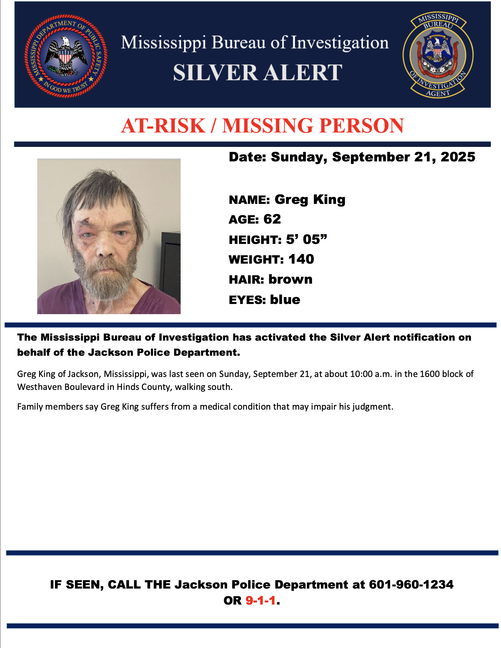 Silver Alert for Greg King of Jackson