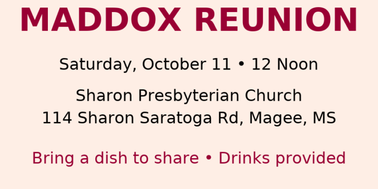 Maddox Reunion set for October 11 at Sharon Presbyterian
