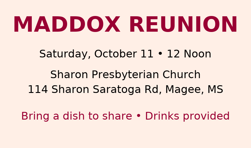 Maddox Reunion set for October 11 at Sharon Presbyterian