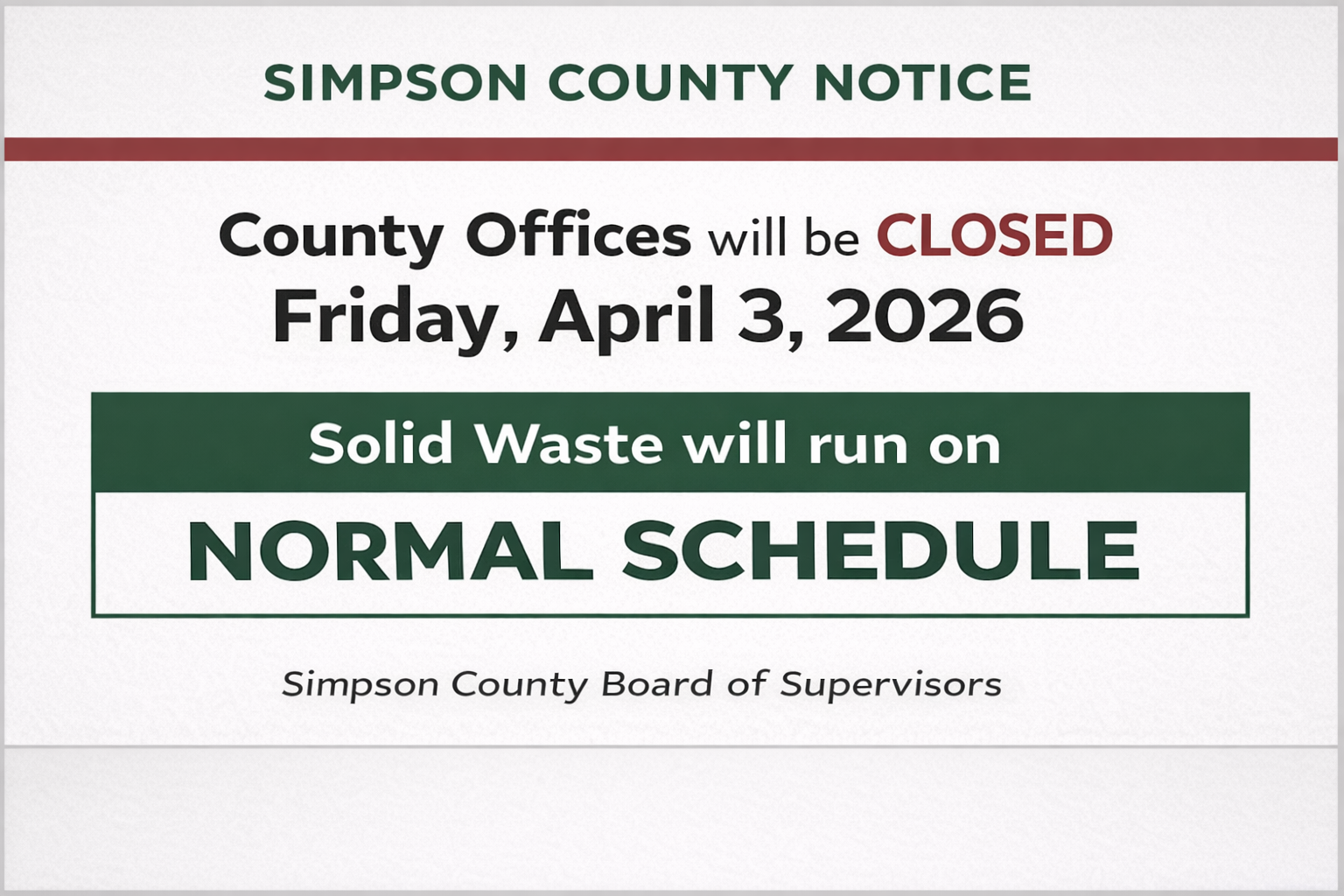 County Solid Waste Notice for Holiday