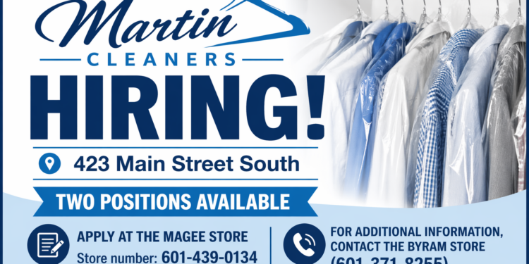 Martin Cleaners Hiring for Two Positions in Magee
