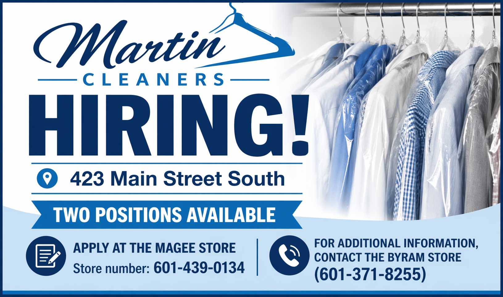 Martin Cleaners Hiring for Two Positions in Magee