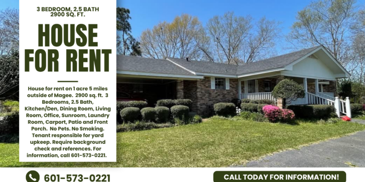 3 Bed, 2.5 Bath House for Rent on 1 Acre 5 miles Outside of Magee