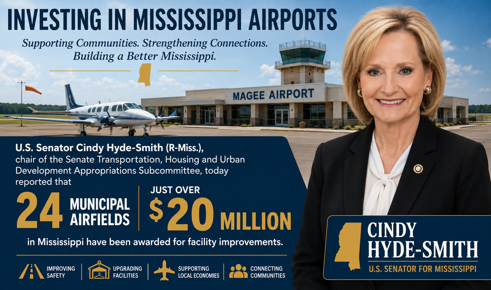 HYDE-SMITH ANNOUNCES $20M FOR AIRPORT IMPROVEMENTS A@ MS. AIRPORTS—Magee is on the list.