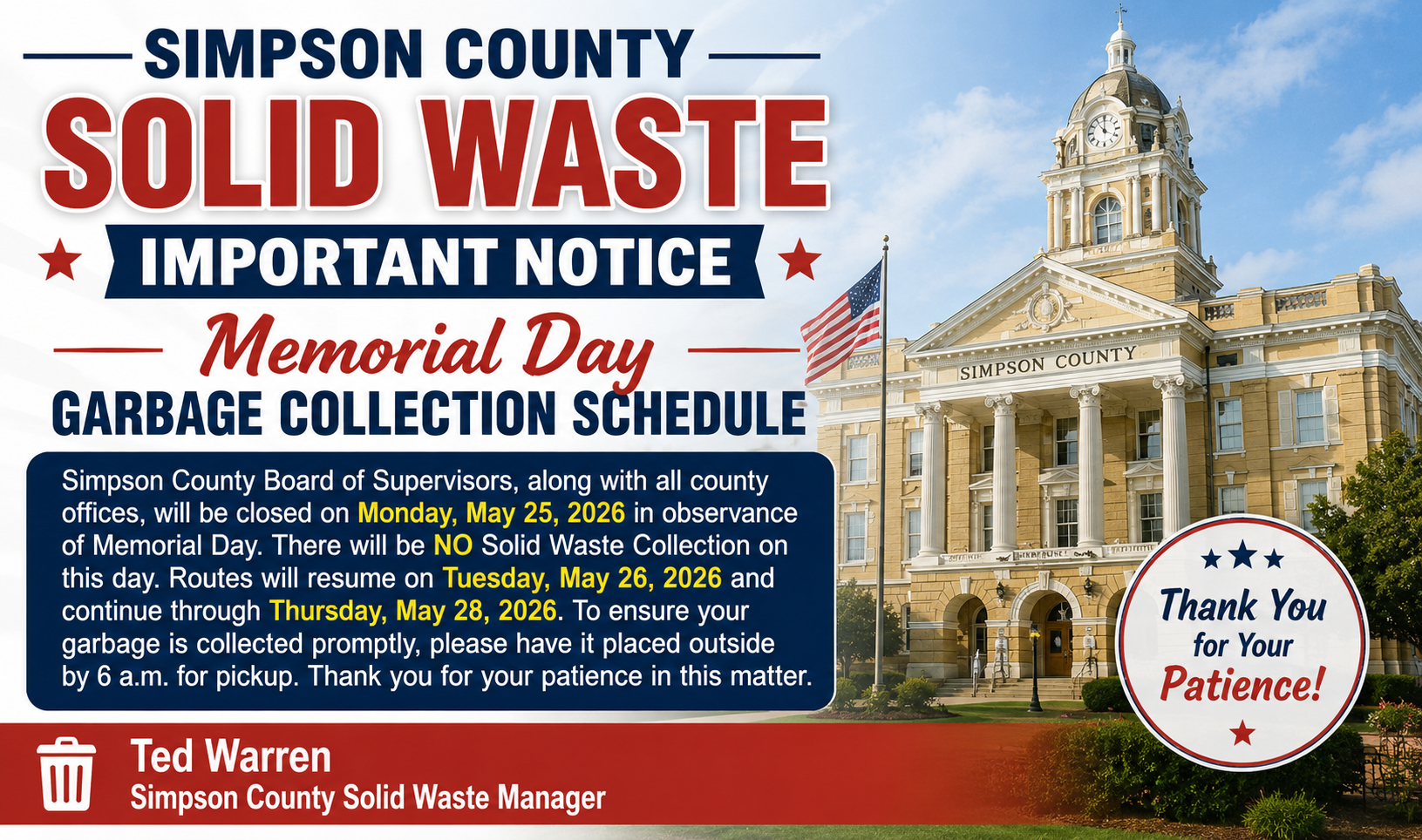 Memorial Day Garbage Collection for Simpson County