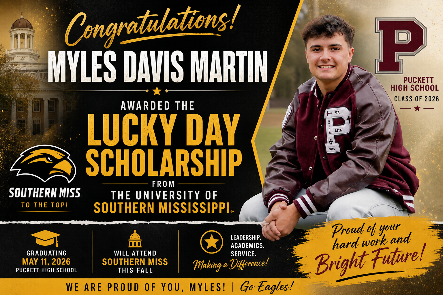 Myles Davis Martin Awarded Luckyday Scholarship to Southern Miss