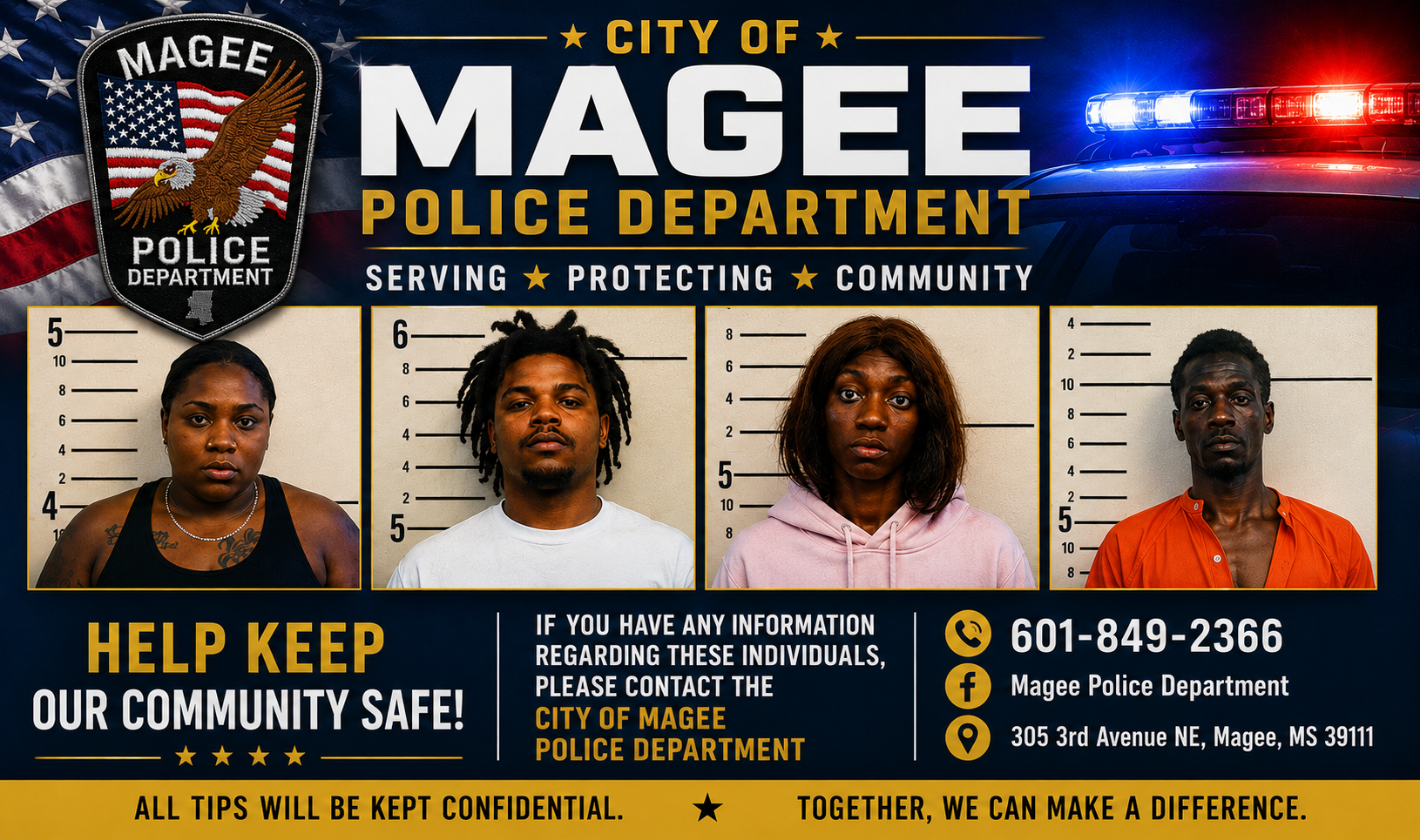 Attempted Burglary, Possession,  Fraud, and Domestic Violence leads to arrest of 4 in City of Magee