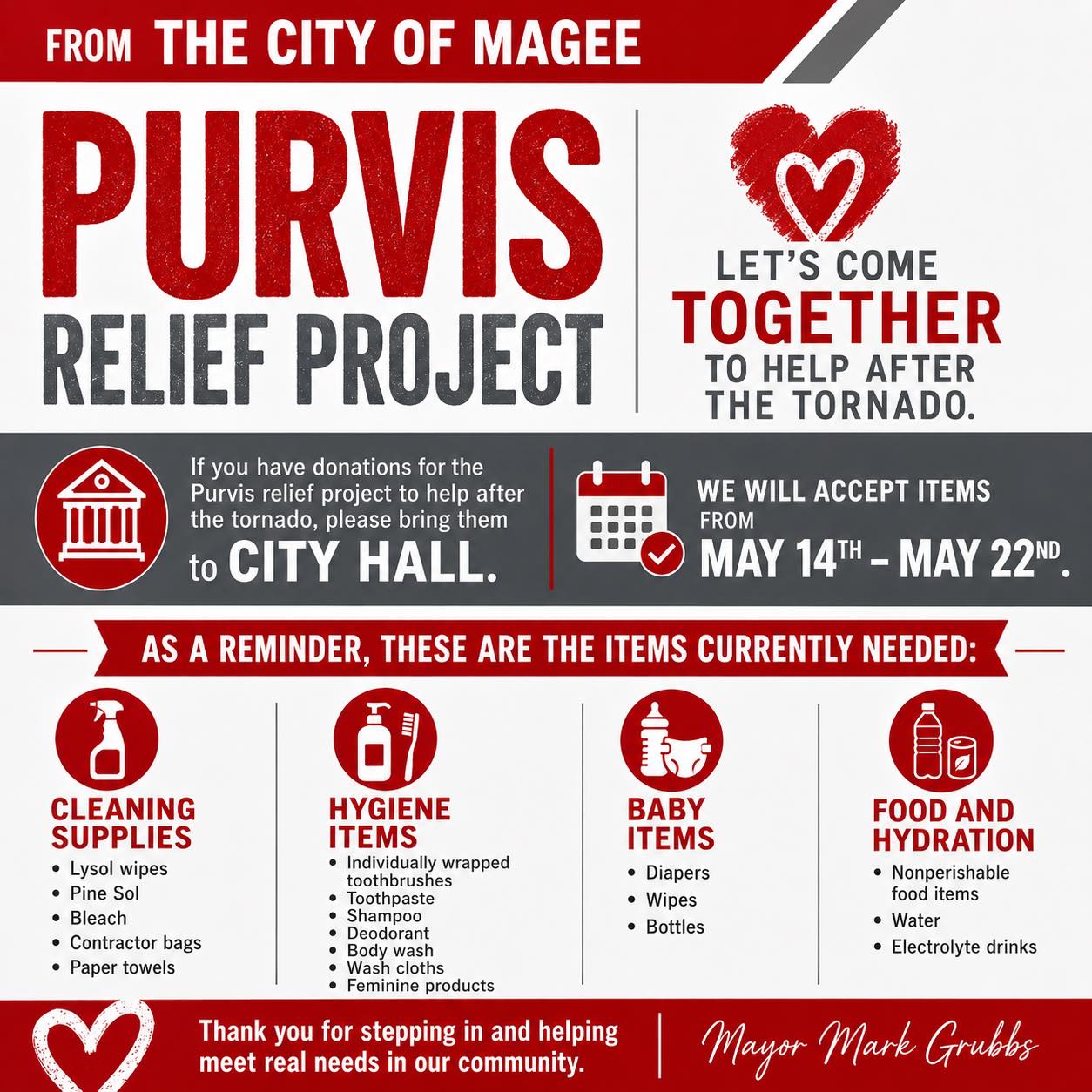 City of Magee Collecting Donations for Purvis Tornado Relief Effort
