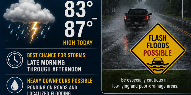 Showers & Storms Continue Today – Flood Watch in Effect
