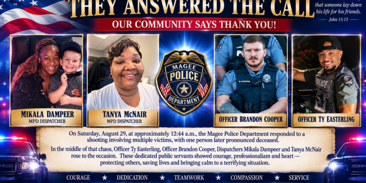 Officer Ty Easterling & Officer Brandon Cooper & Dispatchers Mikala Dampreere & Tanya McNair  rose to the occasion during weekend shooting.